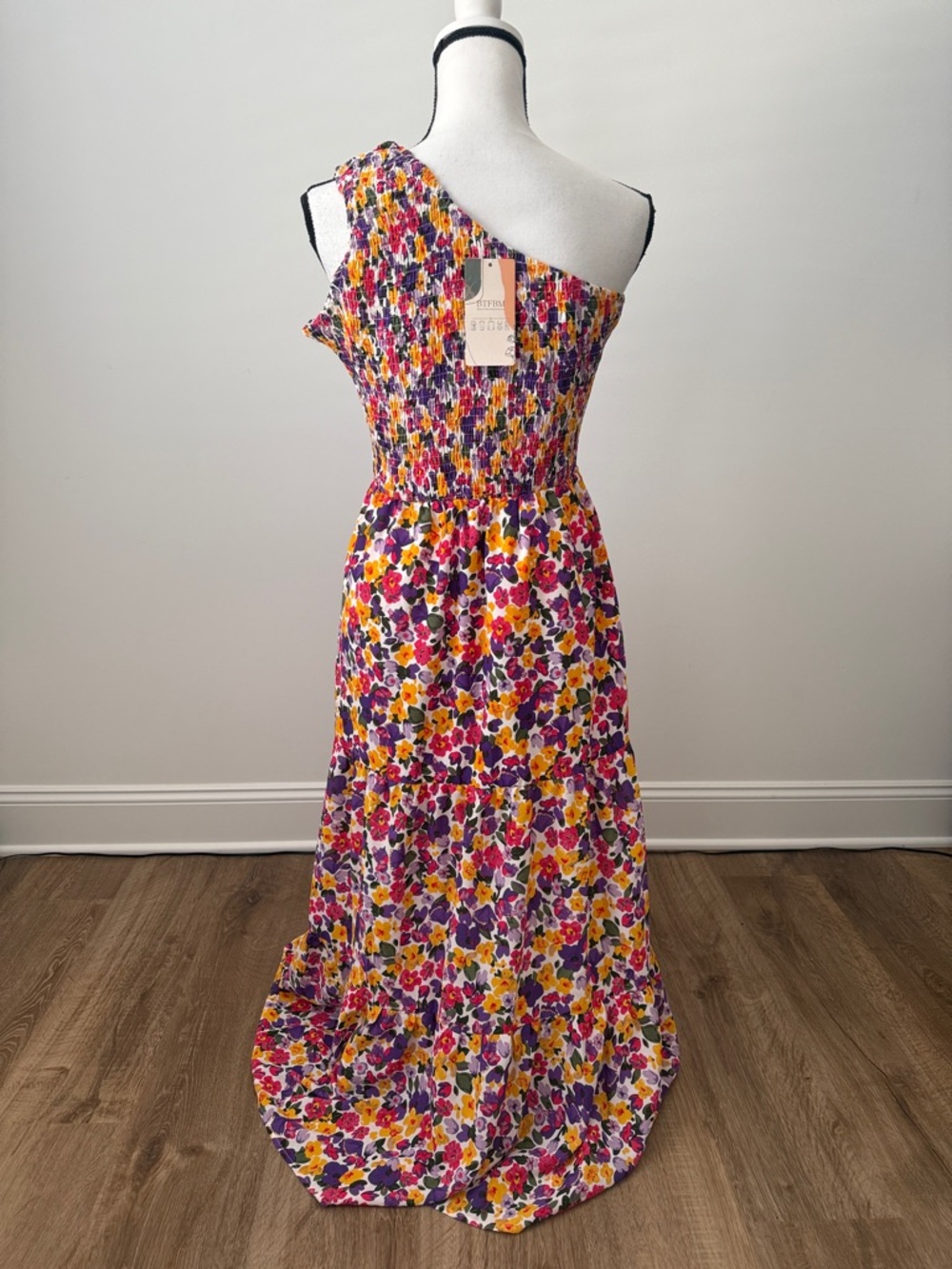 NWT One-Shoulder Floral Maxi Dress in Pink, Purple & Yellow, Size Medium - Picture 3 of 3